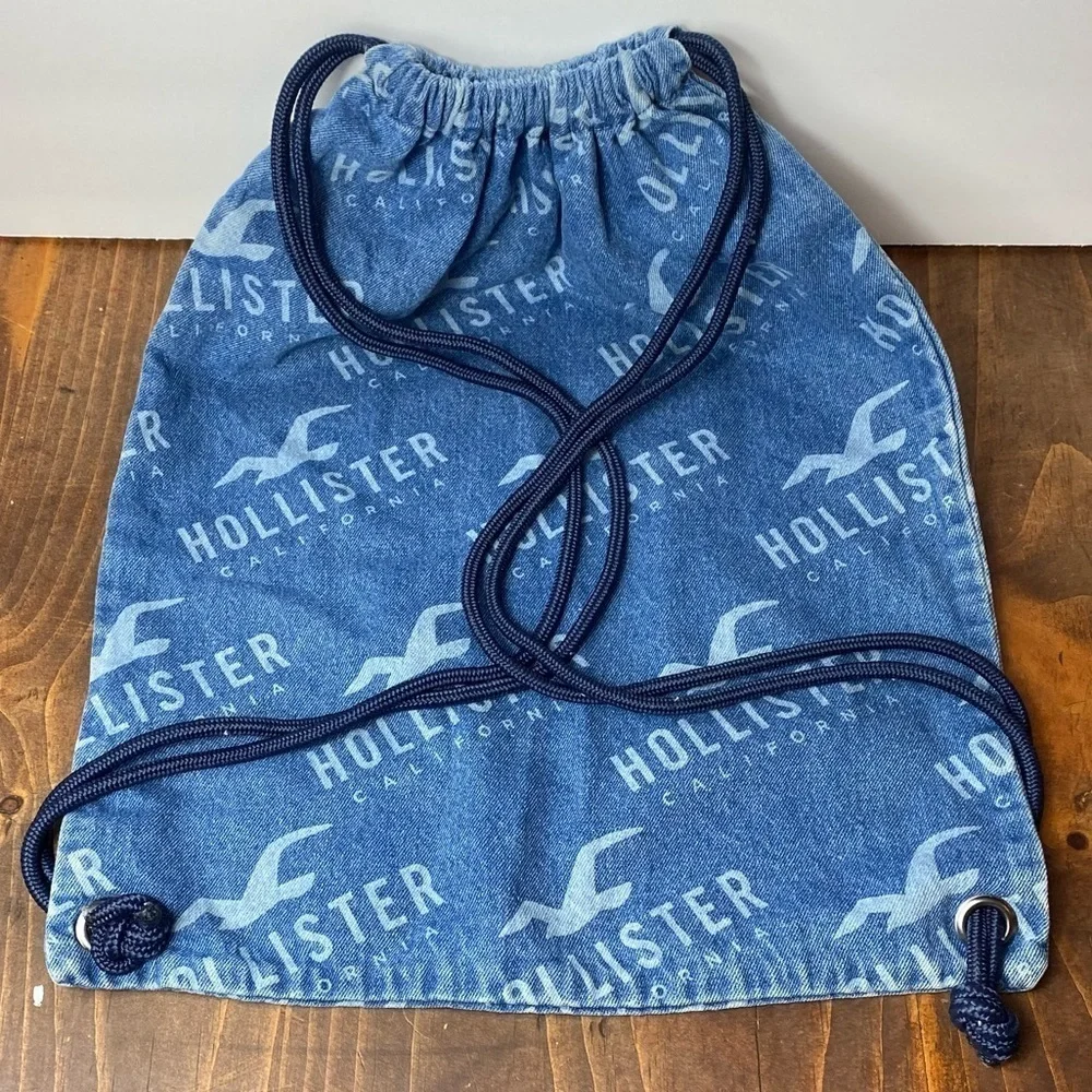 Y2K Style Hollister Bag Drawstring‎ Denim Jean Backpack with Logo